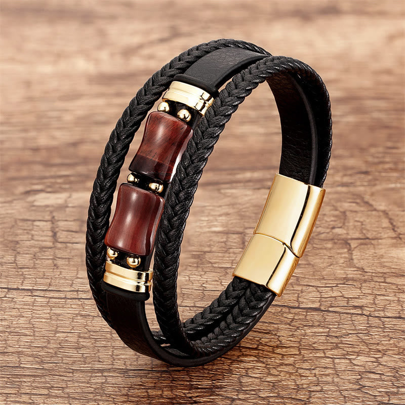 Buddha Stones Tijgeroog Bamboe Steen Integriteit Moed Meerlaagse Leren Armband - Bruinrode tijgeroog - 18-22 cm - image 4