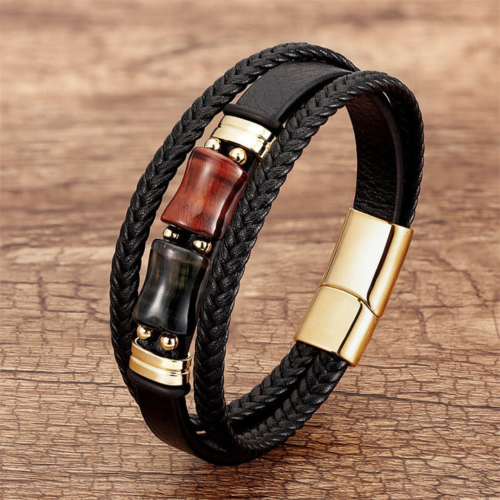 Buddha Stones Tijgeroog Bamboe Steen Integriteit Moed Meerlaagse Leren Armband - Bruin-Rood-Zwart Tijgeroog - 18-22 cm - image 8