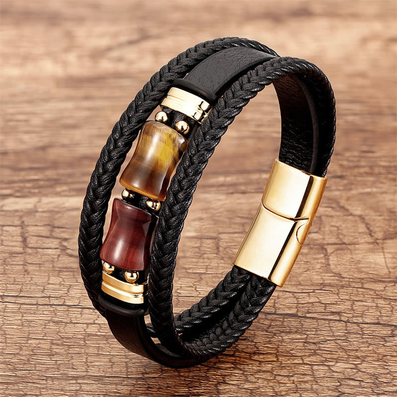 Buddha Stones Tijgeroog Bamboe Steen Integriteit Moed Meerlaagse Leren Armband - Geel-bruin-rood tijgeroog - 18-22 cm - image 9
