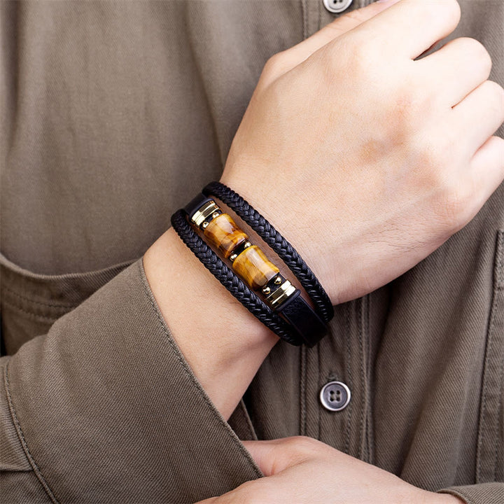 Buddha Stones Tijgeroog Bamboe Steen Integriteit Moed Meerlaagse Leren Armband - image 1