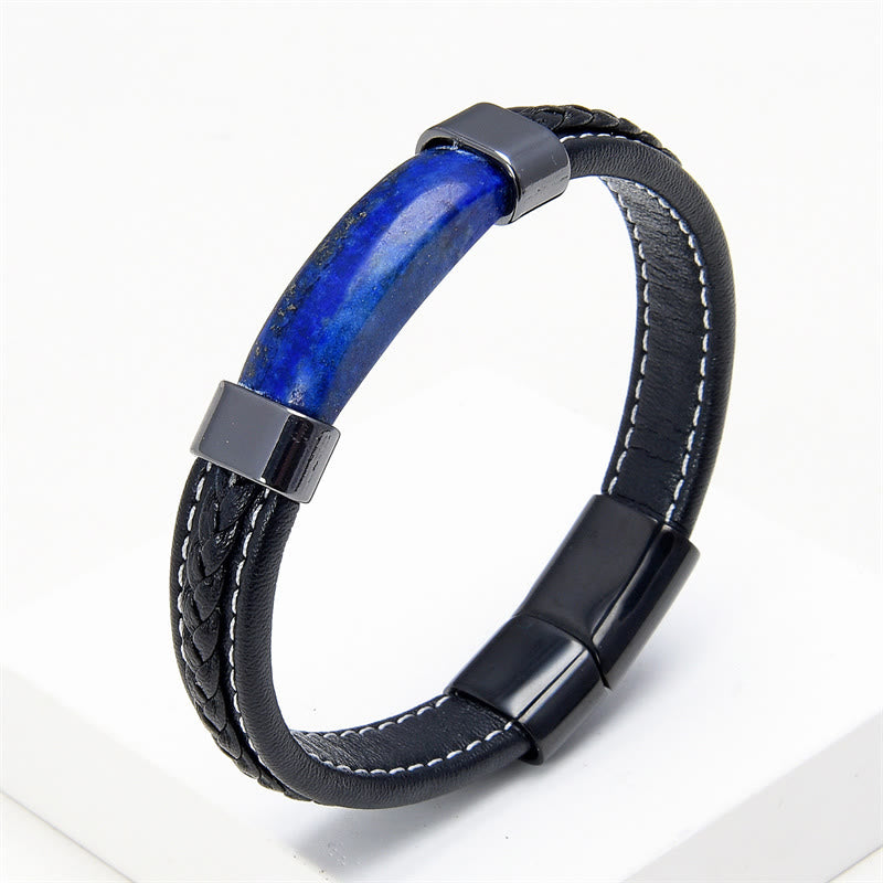 Buddha Stones Lazuriet Lapis Lazuli Tijgeroog Rhodoniet Hematiet Zwarte Onyx Steen Balans Lederen Armband - Lazuriet - 18-22 cm - image 0