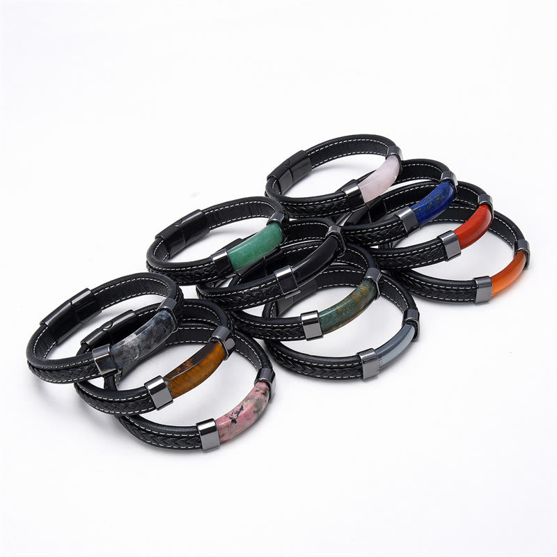Buddha Stones Lazuriet Lapis Lazuli Tijgeroog Rhodoniet Hematiet Zwarte Onyx Steen Balans Lederen Armband - image 1