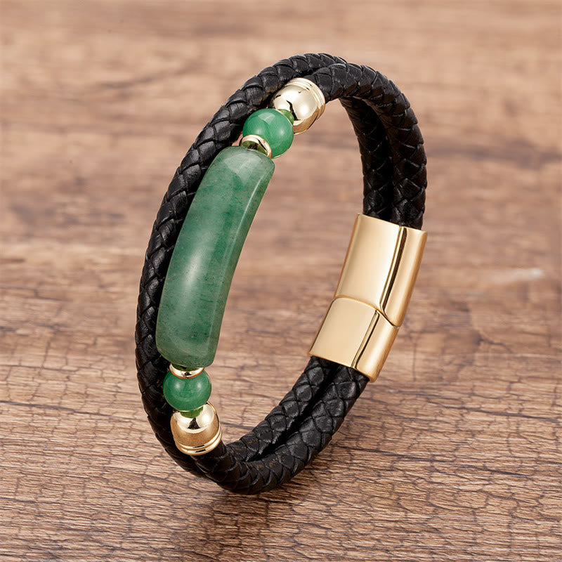 Buddha Stones Groene aventurijn, tijgeroog, groene agaat, zwarte onyx, hematiet, gelukssteen, leren Armband met magnetische gesp - Goud - Groene aventurijn - 18-22 cm - image 0