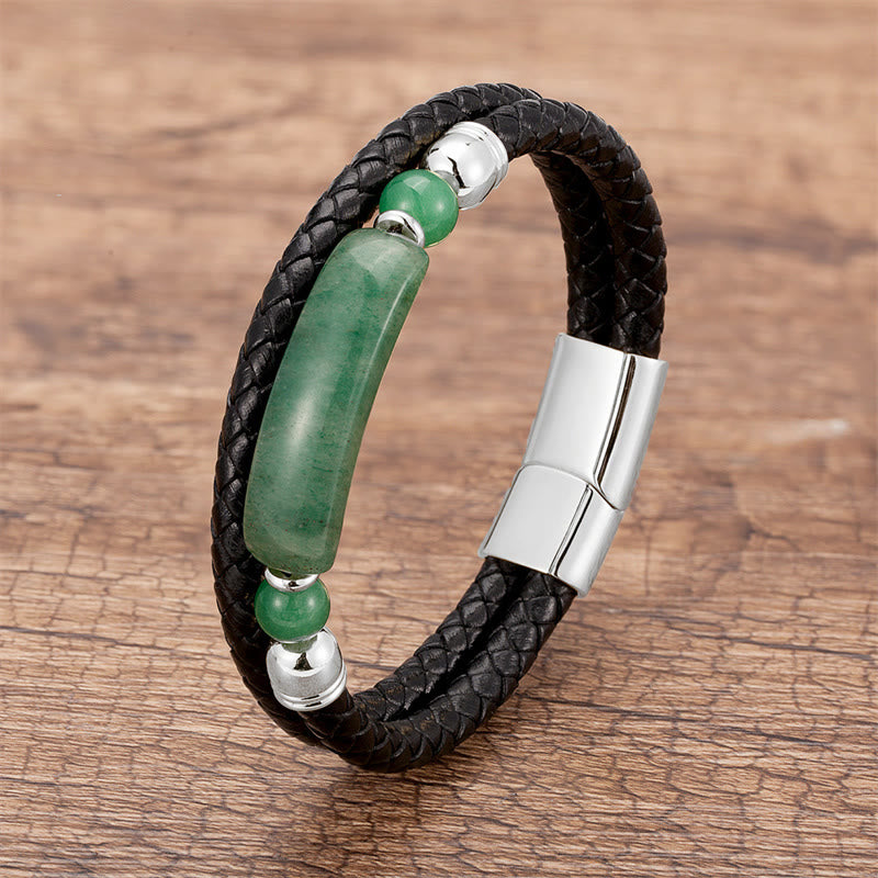 Buddha Stones Groene aventurijn, tijgeroog, groene agaat, zwarte onyx, hematiet, gelukssteen, leren Armband met magnetische gesp - Zilver - Groene aventurijn - 18-22 cm - image 1