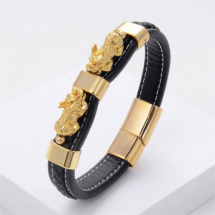 Buddha Stones Dubbele PiXiu Geluksarmband van leer met magnetische Armband - Gouden PiXiu - 18-22 cm - image 0