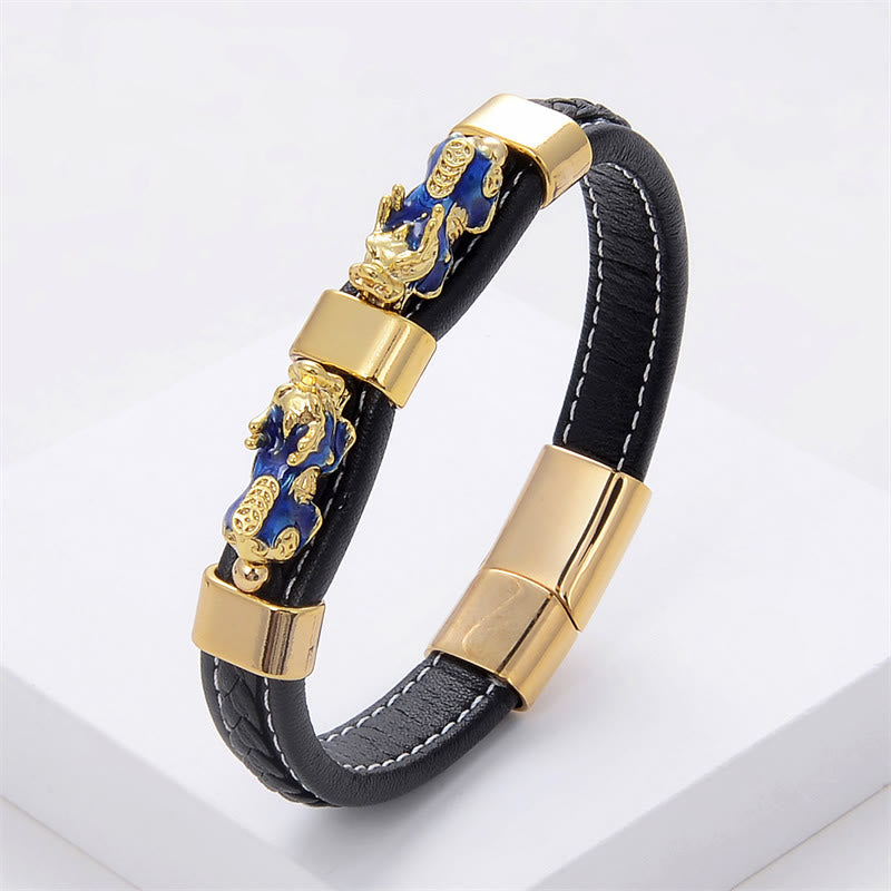 Buddha Stones Dubbele PiXiu Geluksarmband van leer met magnetische Armband - Blauwe PiXiu - 18-22 cm - image 4