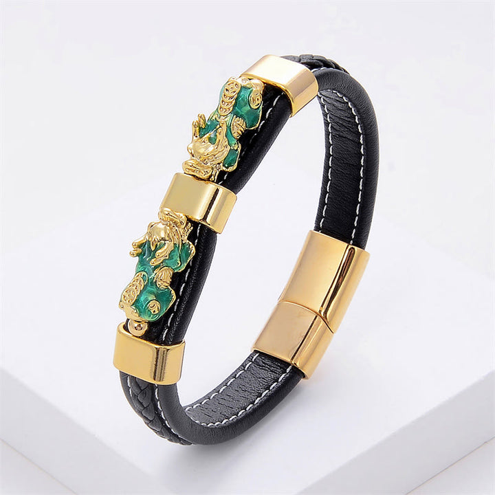 Buddha Stones Dubbele PiXiu Geluksarmband van leer met magnetische Armband - Groene PiXiu - 18-22 cm - image 2