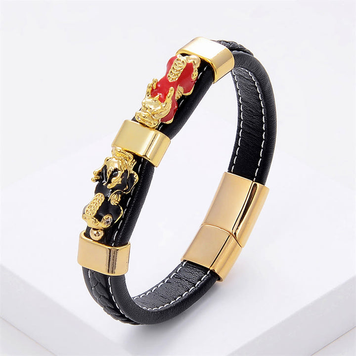 Buddha Stones Dubbele PiXiu Geluksarmband van leer met magnetische Armband - Rood Zwart PiXiu - 18-22 cm - image 3