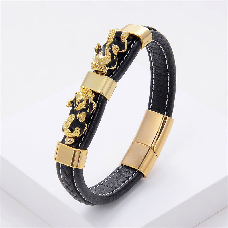 Buddha Stones Dubbele PiXiu Geluksarmband van leer met magnetische Armband - Zwartgoud PiXiu - 18-22 cm - image 1