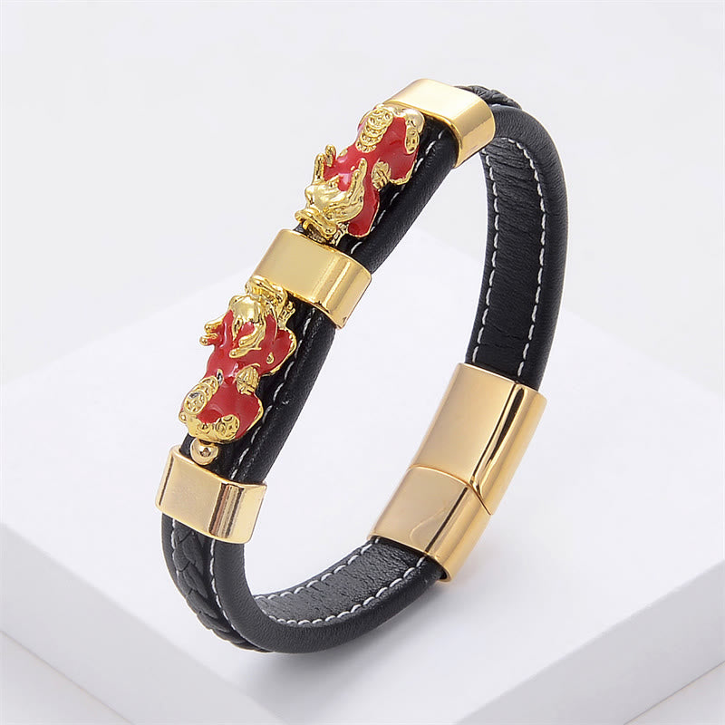 Buddha Stones Dubbele PiXiu Geluksarmband van leer met magnetische Armband - Rode PiXiu - 18-22 cm - image 7