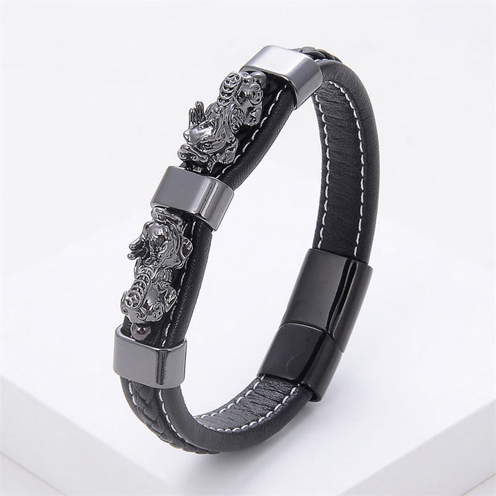 Buddha Stones Dubbele PiXiu Geluksarmband van leer met magnetische Armband - Zwartgrijs PiXiu - 18-22 cm - image 9