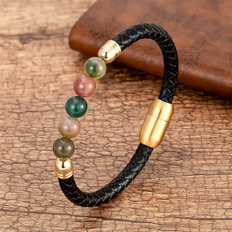 Buddha Stones Beschermende leren Armband met blauwe agaat, tijgeroog, lavasteen, zwarte onyx, lazuriet en lapis lazuli kralen - Agaat - 18-22 cm - image 0