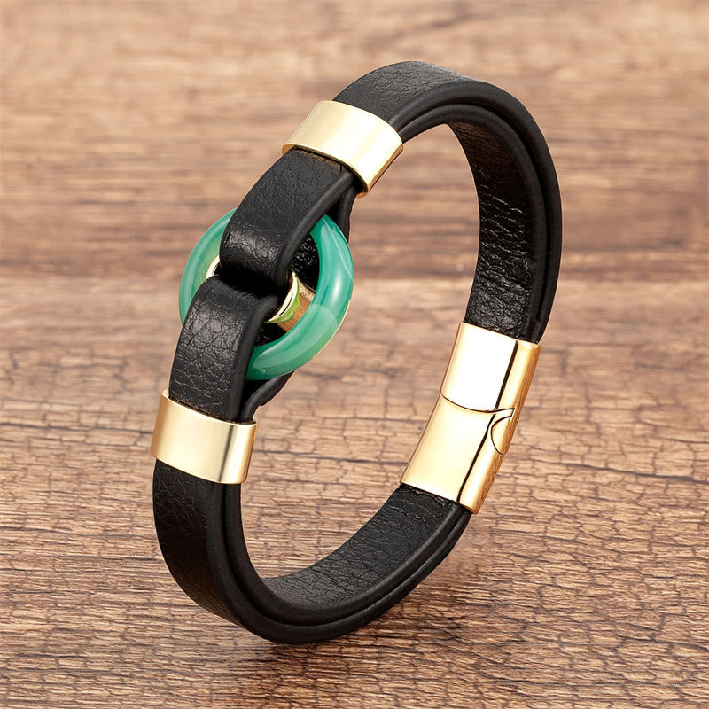 Buddha Stones Ronde groene aventurijn, zwarte onyx, hematiet, agaat en rozenkwarts stenen, Armband van leer met magnetische gesp - Groene aventurijn-goud - 18-22 cm - image 0
