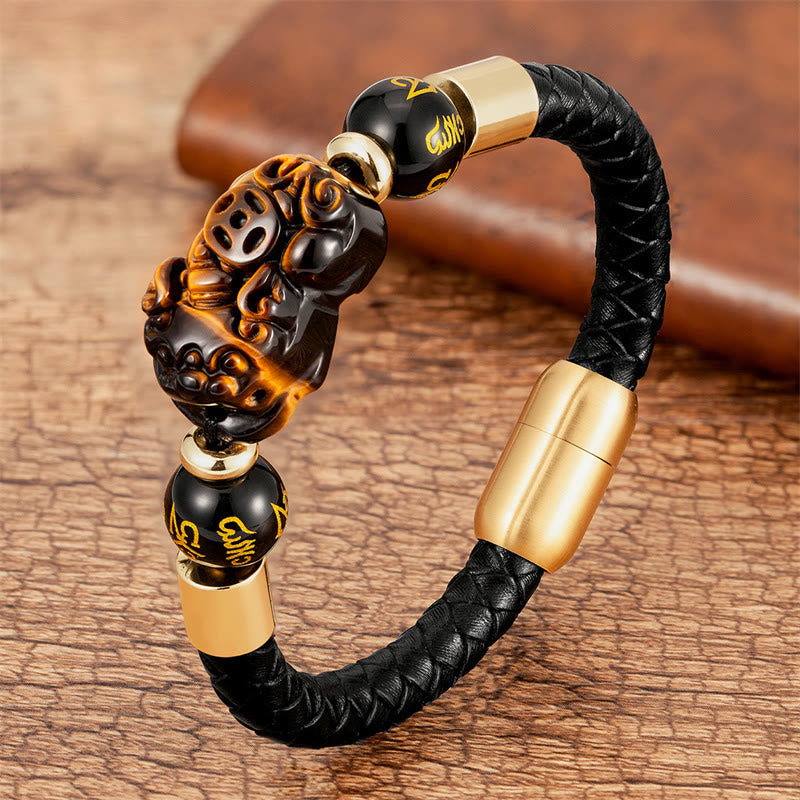 Buddha Stones Tijgeroog Zwarte Onyx Rode Agaat PiXiu Koperen Munt Om Mani Padme Hum Sterke Leren Armband - Tijgeroog - 18-22 cm - image 0