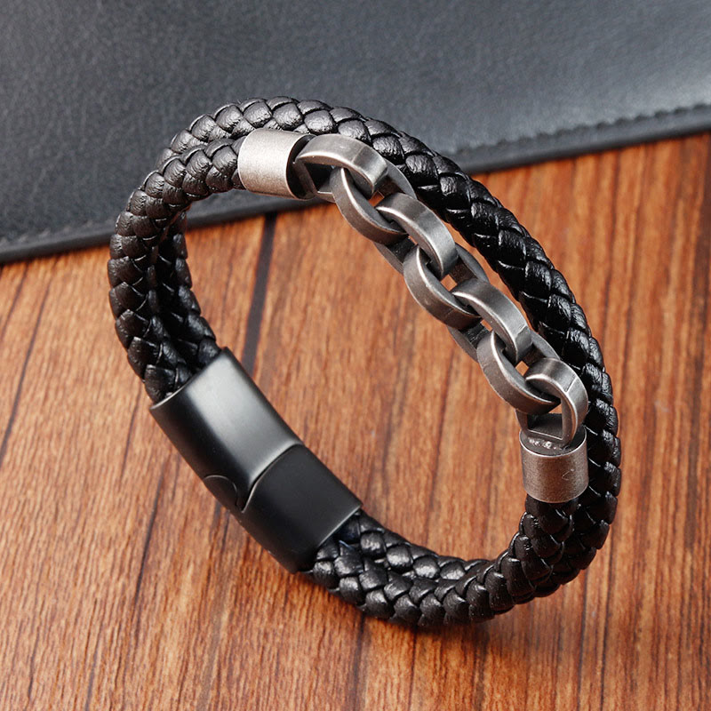Buddha Stones Kettingontwerp, titanium staal, balans, leren gevlochten Armband - Dubbele laag (Polsomtrek 17-19 cm) - image 0