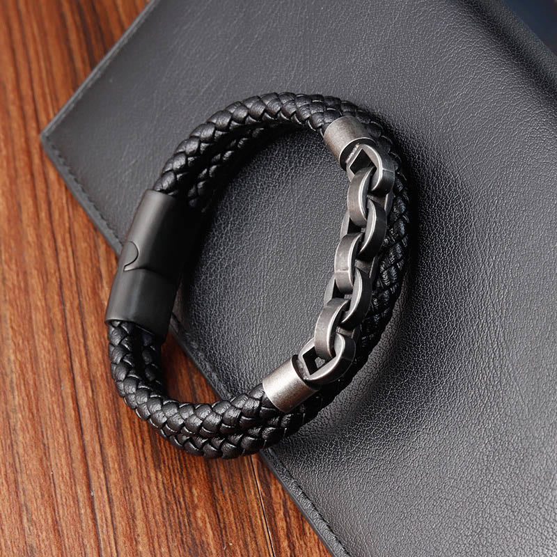 Buddha Stones Kettingontwerp, titanium staal, balans, leren gevlochten Armband - image 3