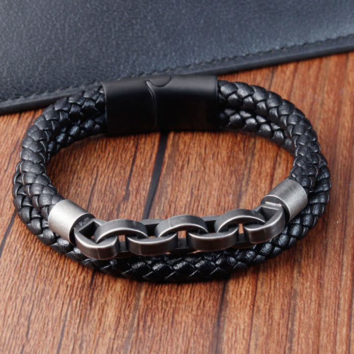 Buddha Stones Kettingontwerp, titanium staal, balans, leren gevlochten Armband - image 1