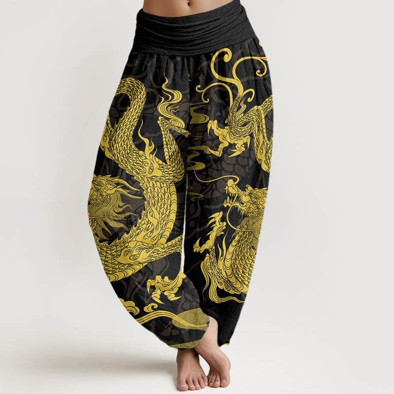 Buddha Stones Dames harembroek met elastische Taille en katoenen draakmotief en gelukbrengende wolken - Zwart - US22, UK/AU26, EU54 (6XL) - image 0