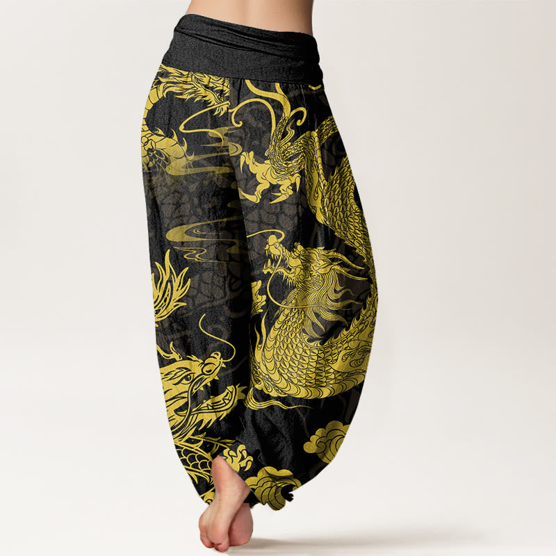 Buddha Stones Dames harembroek met elastische Taille en katoenen draakmotief en gelukbrengende wolken - image 1
