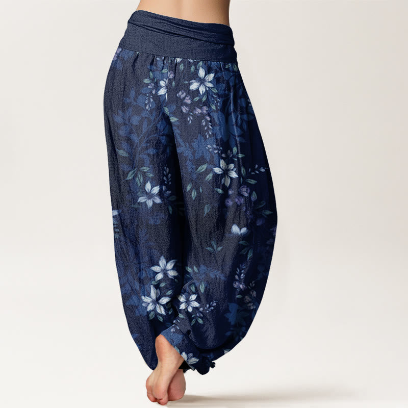 Buddha Stones Katoenen dames harembroek met elastische Taille en kleine witte bloesems en groene bladeren - image 5