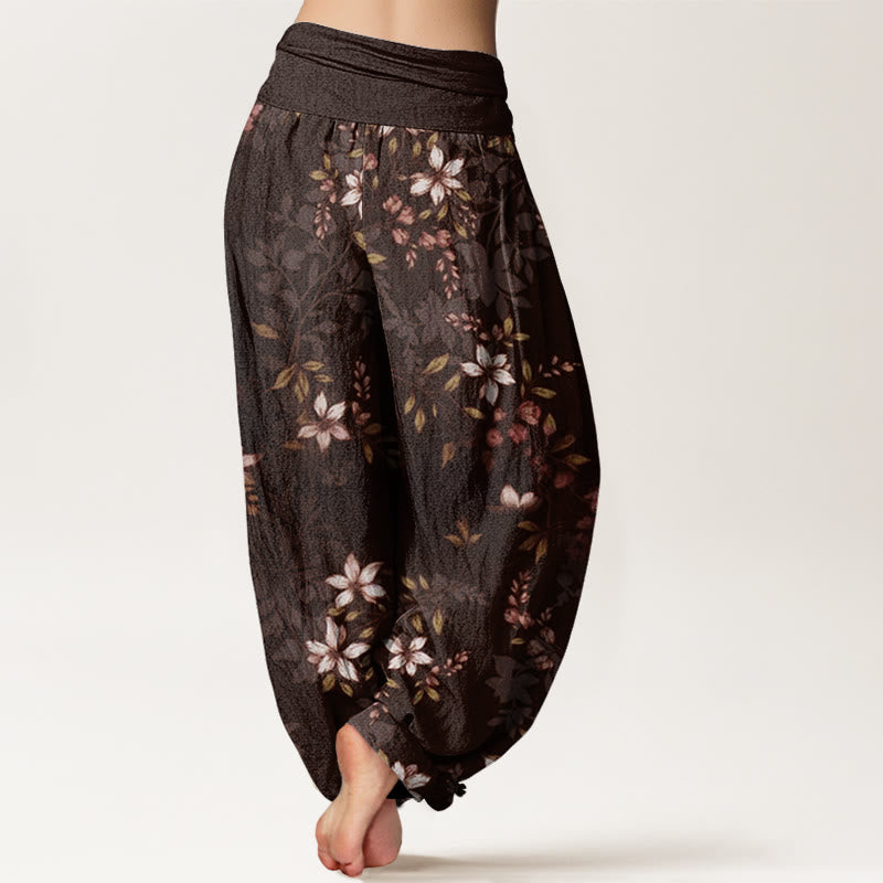 Buddha Stones Katoenen dames harembroek met elastische Taille en kleine witte bloesems en groene bladeren - image 8