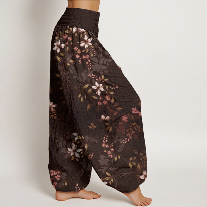 Buddha Stones Katoenen dames harembroek met elastische Taille en kleine witte bloesems en groene bladeren - image 9