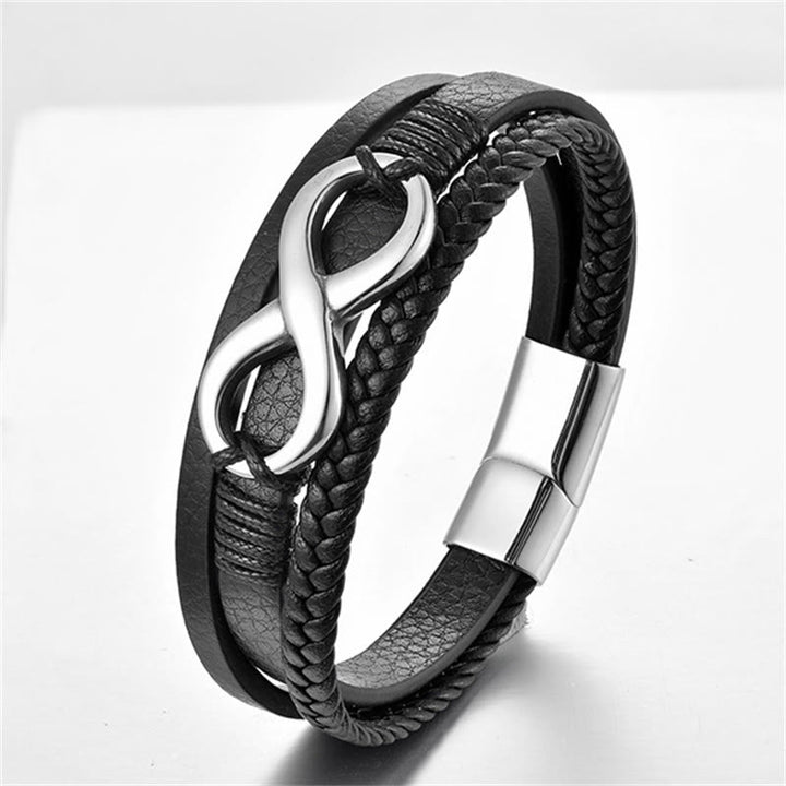 Buddha Stones Eeuwige Eindeloze Knoop Oneindigheidssymbool Armband van Titanium Staal met Rustige Leren Gesp - image 3