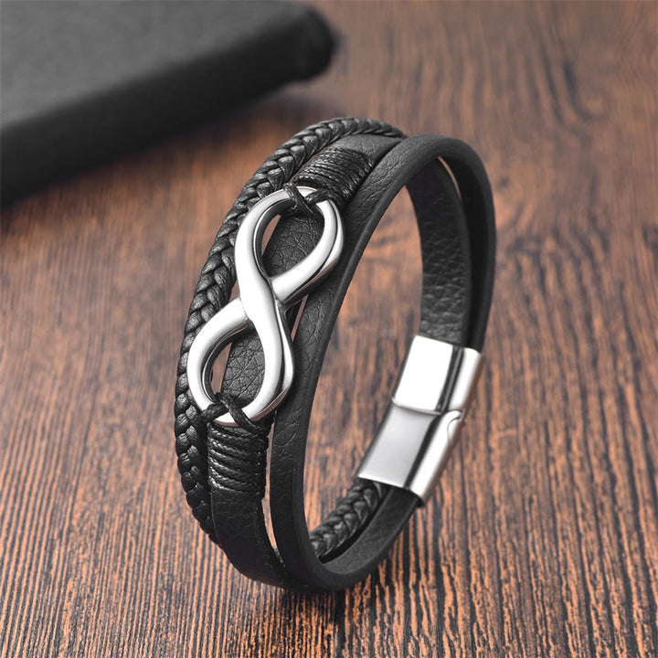 Buddha Stones Eeuwige Eindeloze Knoop Oneindigheidssymbool Armband van Titanium Staal met Rustige Leren Gesp - Zilver (Polsomtrek: 18-20 cm) - image 0