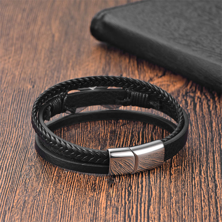 Buddha Stones Eeuwige Eindeloze Knoop Oneindigheidssymbool Armband van Titanium Staal met Rustige Leren Gesp - image 2