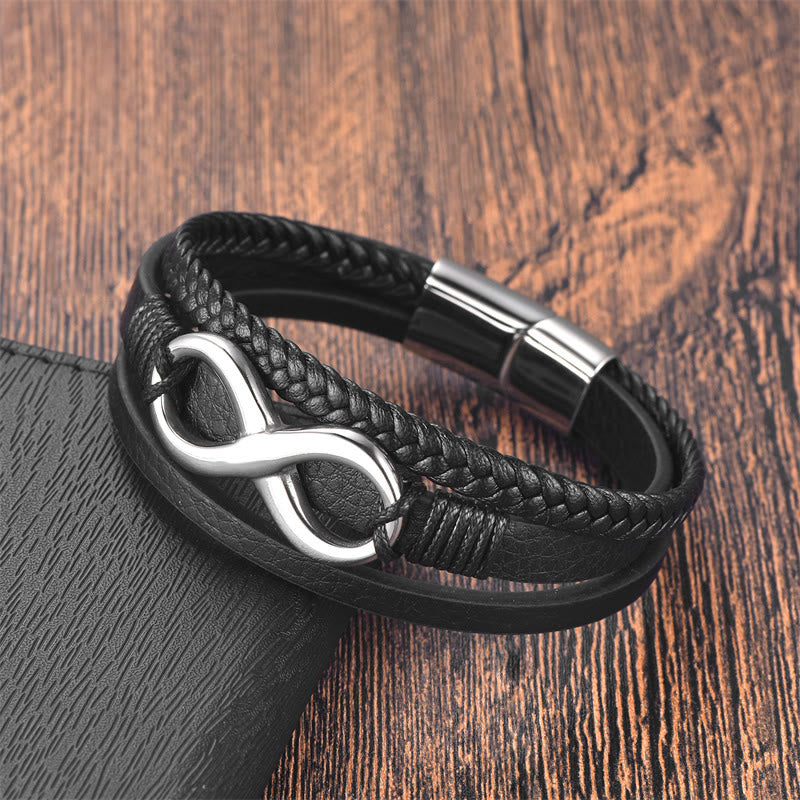 Buddha Stones Eeuwige Eindeloze Knoop Oneindigheidssymbool Armband van Titanium Staal met Rustige Leren Gesp - image 1