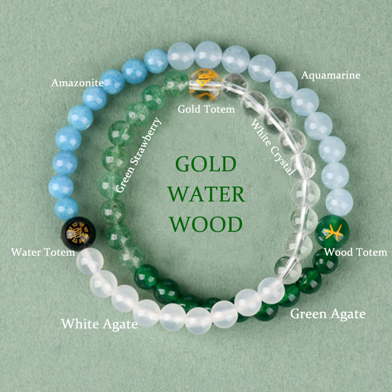 Buddha Stones Vijf Elementen Diverse Kristallen Agaat Aardbeikwarts Armband - Goudkleurig waterhout (Polsomtrek: 14-16 cm) - image 0