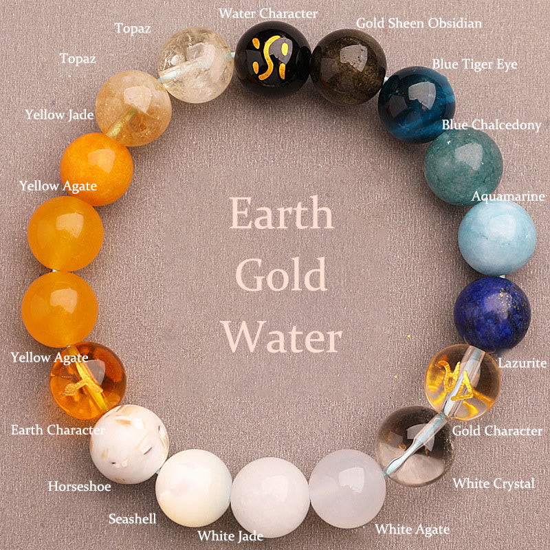 Buddha Stones Vijf Elementen Diverse Agaat Kristal Zonnesteen Armband - Aarde Goud Water (Polsomtrek: 14-16 cm) - 12mm - image 11