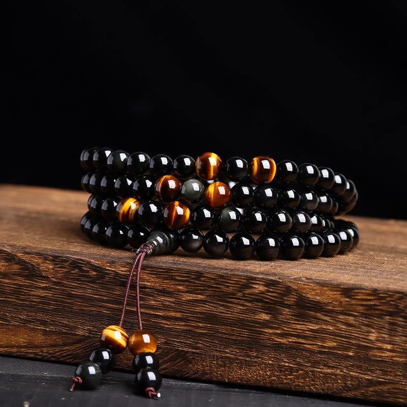 Buddha Stones 108 Mala kralen Zwarte obsidiaan ijs Obsidiaan Armband - image 0