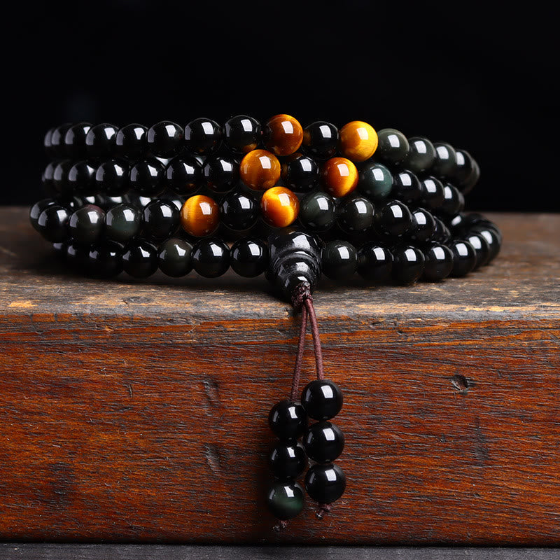 Buddha Stones 108 Mala kralen Zwarte obsidiaan ijs Obsidiaan Armband - Zwarte obsidiaan tijgeroog (Polsomtrek: 14-16 cm) - 6mm - image 1