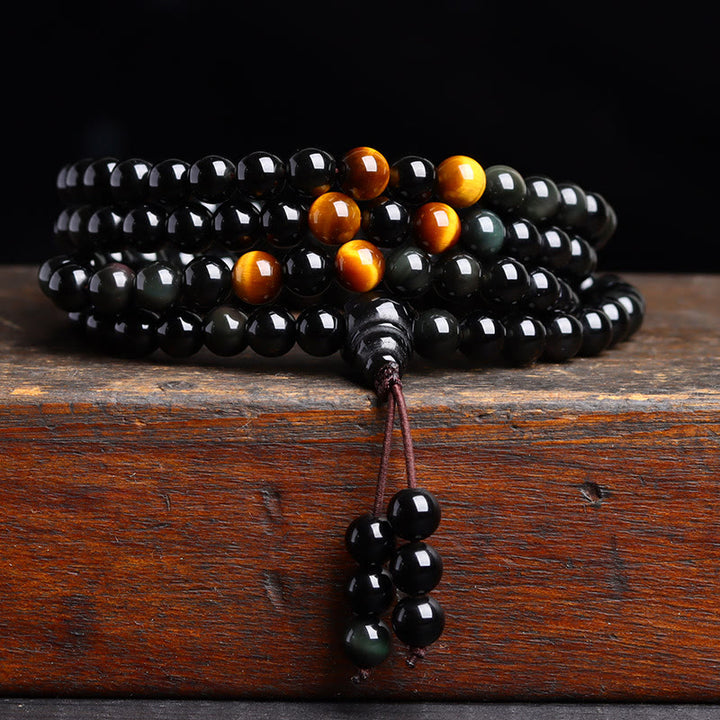 Buddha Stones 108 Mala kralen Zwarte obsidiaan ijs Obsidiaan Armband - Zwarte obsidiaan tijgeroog (Polsomtrek: 14-16 cm) - 6mm - image 1
