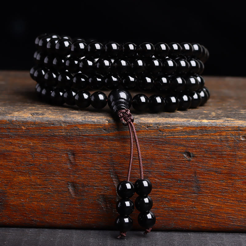 Buddha Stones 108 Mala kralen Zwarte obsidiaan ijs Obsidiaan Armband - Zwarte obsidiaan (Polsomtrek: 14-16 cm) - 8mm - image 9