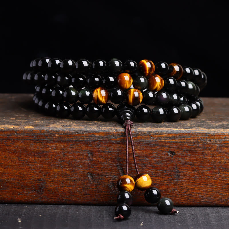 Buddha Stones 108 Mala kralen Zwarte obsidiaan ijs Obsidiaan Armband - Zwarte obsidiaan tijgeroog (Polsomtrek: 14-16 cm) - 8mm - image 2