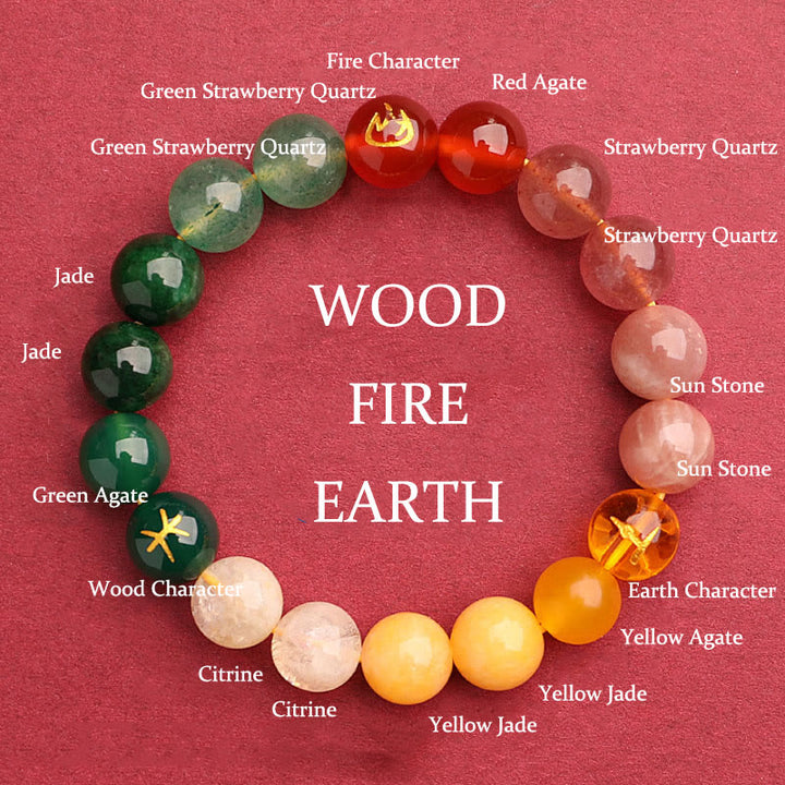 Buddha Stones Vijf Elementen Diverse Agaat Kristal Groene Aardbeikwarts Zonnesteen Armband - Vuur Aarde Hout (Polsomtrek: 14-16 cm) - 10mm - image 0