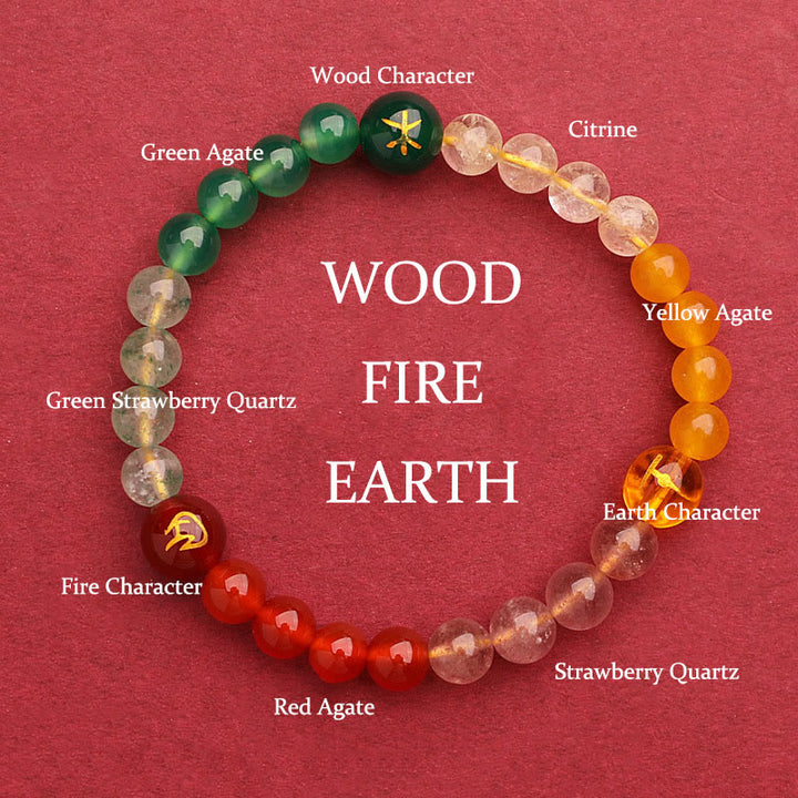 Buddha Stones Vijf Elementen Diverse Agaat Kristal Groene Aardbeikwarts Zonnesteen Armband - Vuur Aarde Hout (Polsomtrek: 14-16 cm) - 6mm - image 2