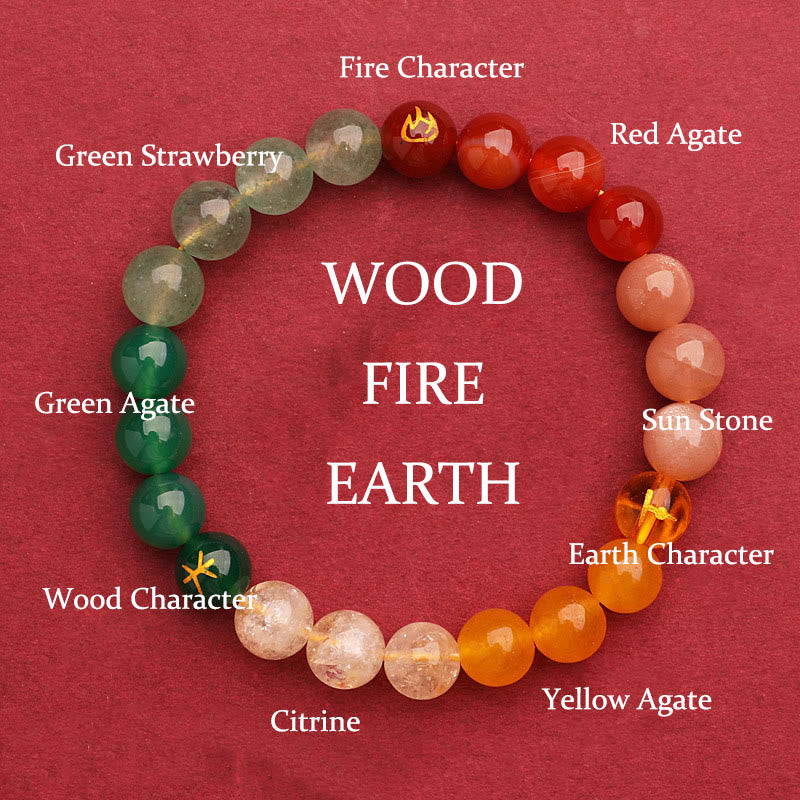 Buddha Stones Vijf Elementen Diverse Agaat Kristal Groene Aardbeikwarts Zonnesteen Armband - Vuur Aarde Hout (Polsomtrek: 14-16 cm) - 8mm - image 10