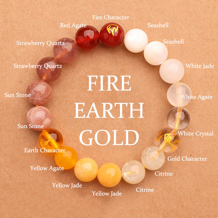 Buddha Stones Vijf Elementen Diverse Agaat Kristal Groene Aardbeikwarts Zonnesteen Armband - Goud Vuur Aarde (Polsomtrek: 14-16 cm) - 10mm - image 28