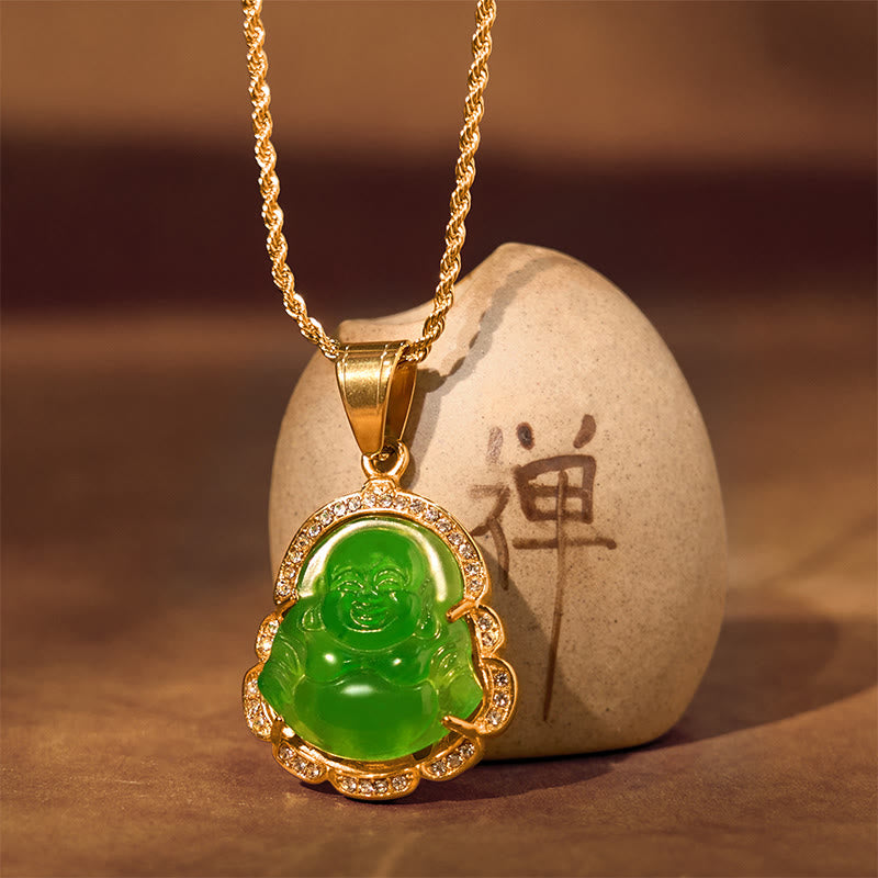Buddha Stones Ketting met lachende Boeddha van jade, 18 karaats verguld - image 3