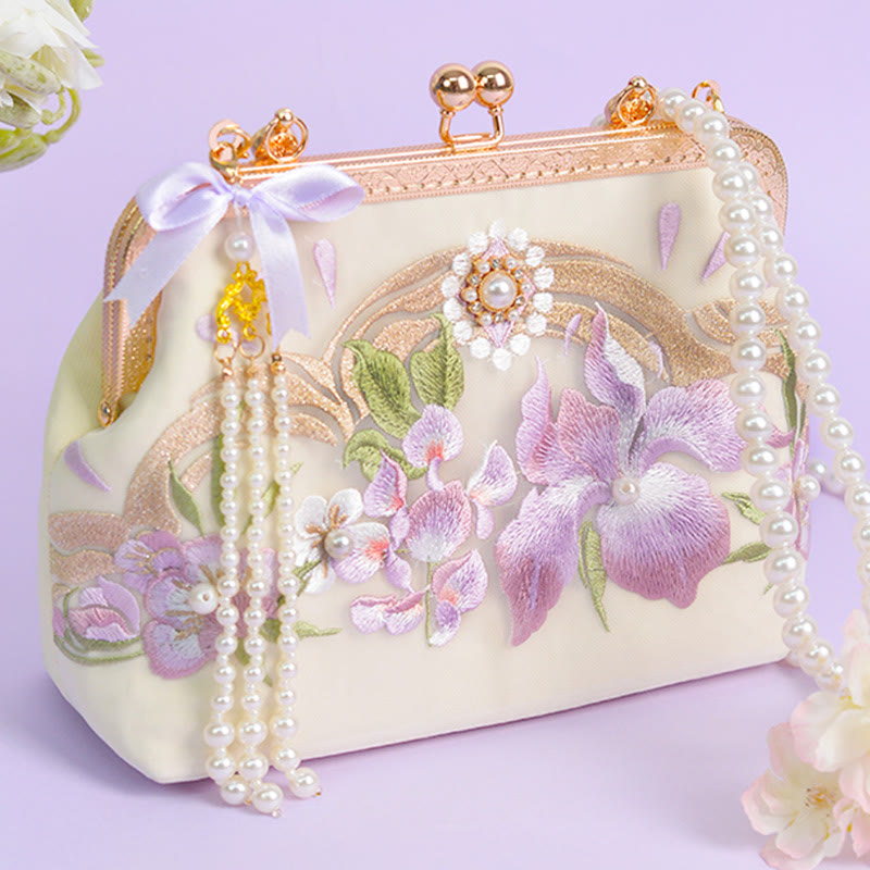 Buddha Stones Handtas met geborduurde bloemenkwast en parelketting, Schoudertas (crossbody) - Lichtpaarse parelketting met bloemborduurwerk, 22*17*7 cm - image 0