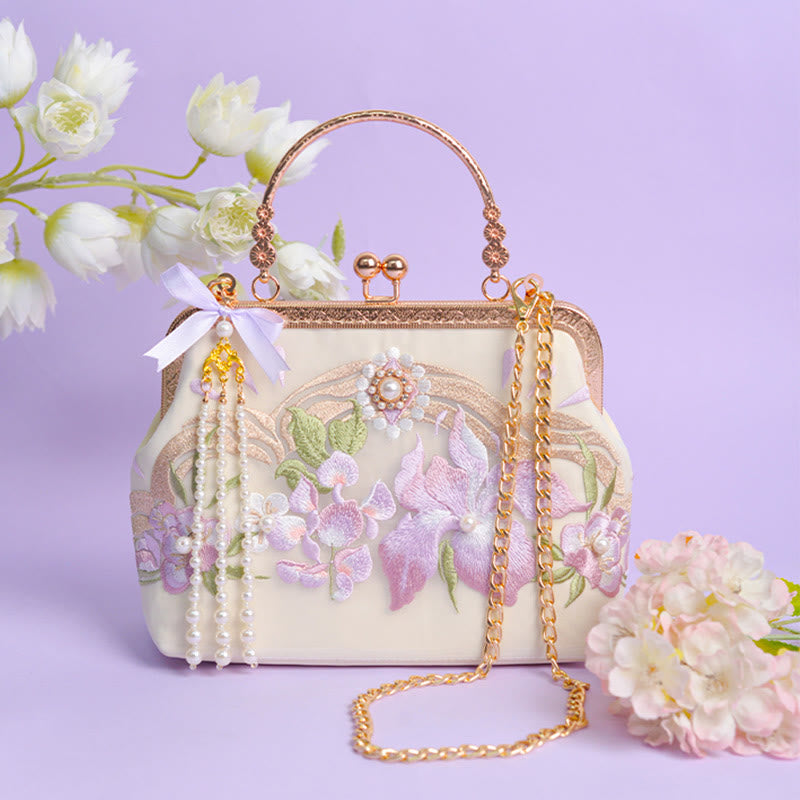 Buddha Stones Handtas met geborduurde bloemenkwast en parelketting, Schoudertas (crossbody) - Lichtpaarse bloemenborduurwerk metalen ketting 22*17*7cm - image 6
