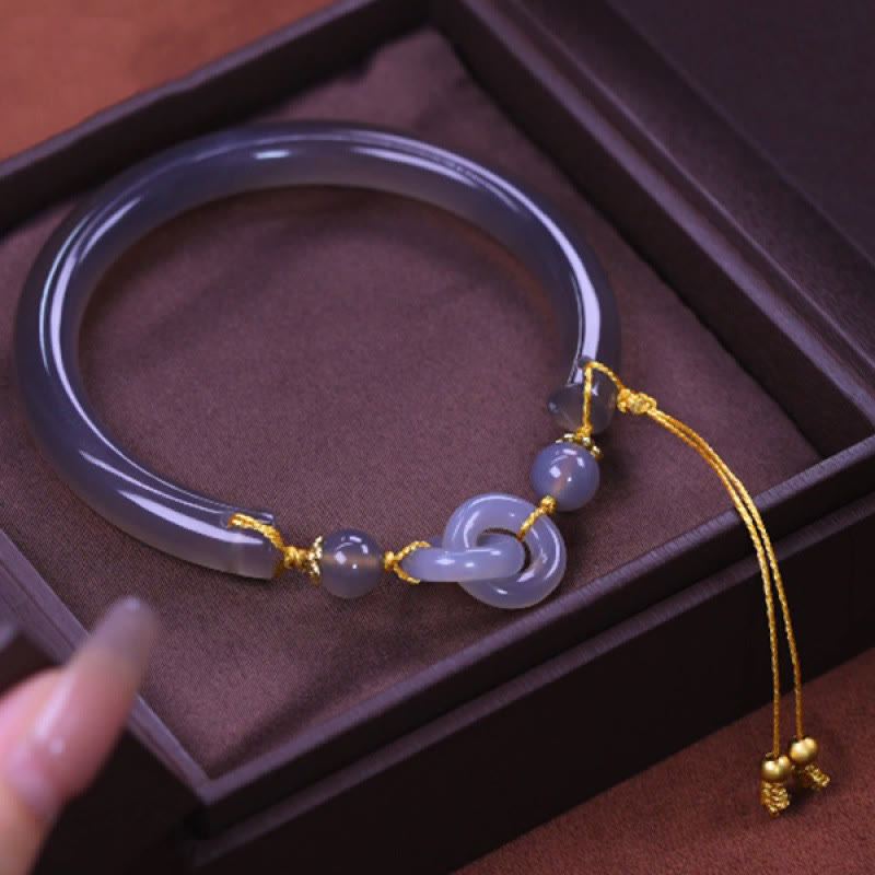 Buddha Stones Grijze agaat koperen haak Mouwboord halve Bangle-armband - Grijs jade koper (verstelbaar) - image 0