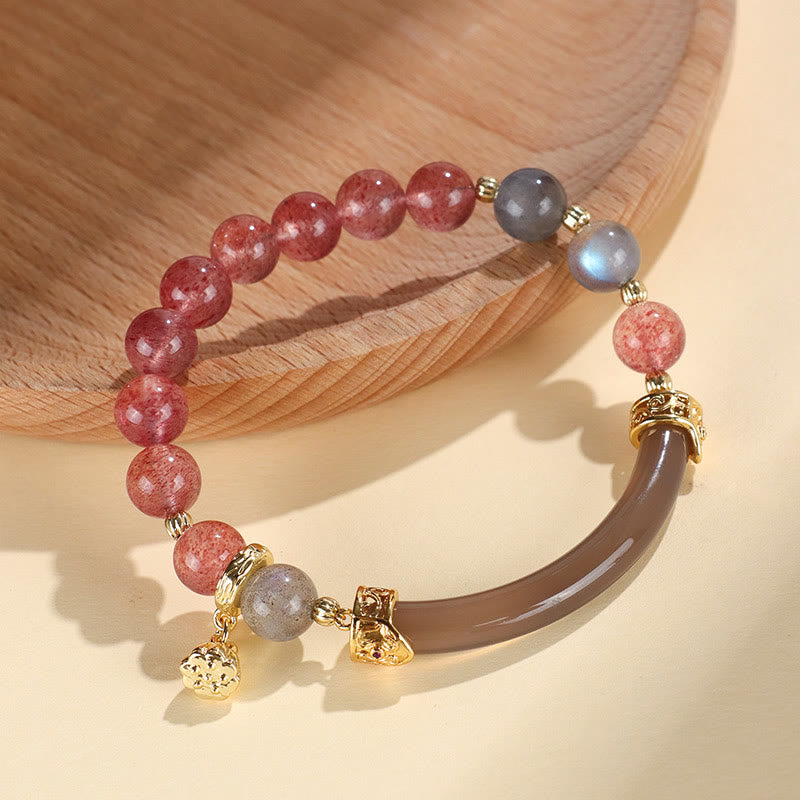 Buddha Stones Aardbeikwarts Labradoriet Fluoriet Parel Mouwboord Halve Bangle-armband - Aardbeikwartsfluorietparel (binnendiameter: 52 mm) - image 0
