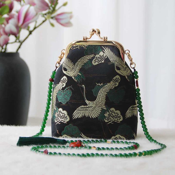 Buddha Stones Retro Chinese schoudertas met parelketting en Schoudertas (crossbody) - Zwarte kraanvogel 14*6*18cm - image 0