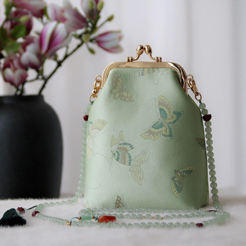 Buddha Stones Retro Chinese schoudertas met parelketting en Schoudertas (crossbody) - Lichtgroene vlinder 14*6*18 cm - image 2