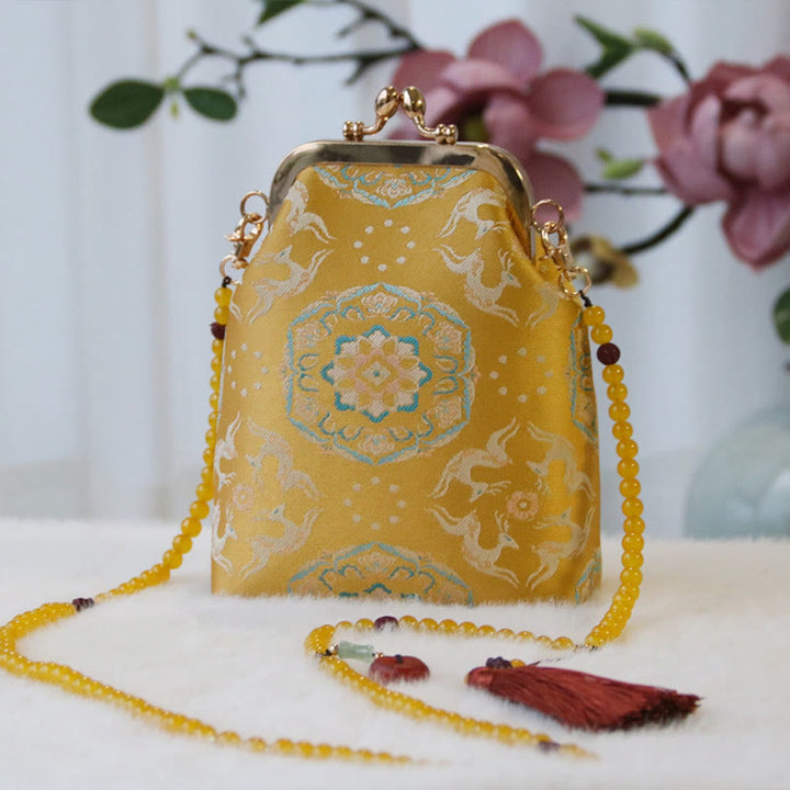 Buddha Stones Retro Chinese schoudertas met parelketting en Schoudertas (crossbody) - Gouden Hertenbloem 14*6*18cm - image 8