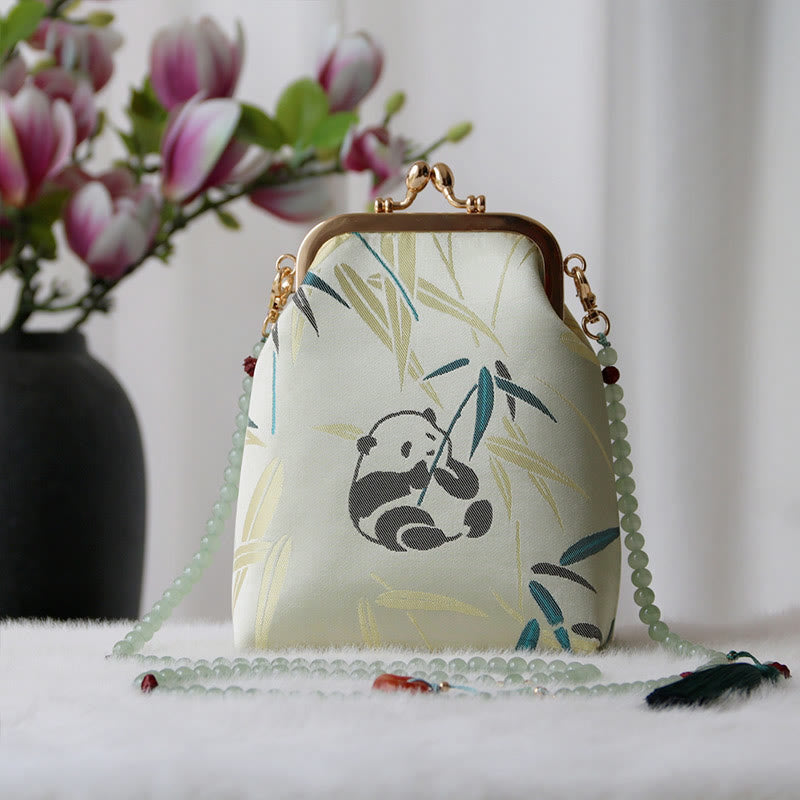 Buddha Stones Retro Chinese schoudertas met parelketting en Schoudertas (crossbody) - Lichtgroene Panda Bamboe 14*6*18cm - image 6